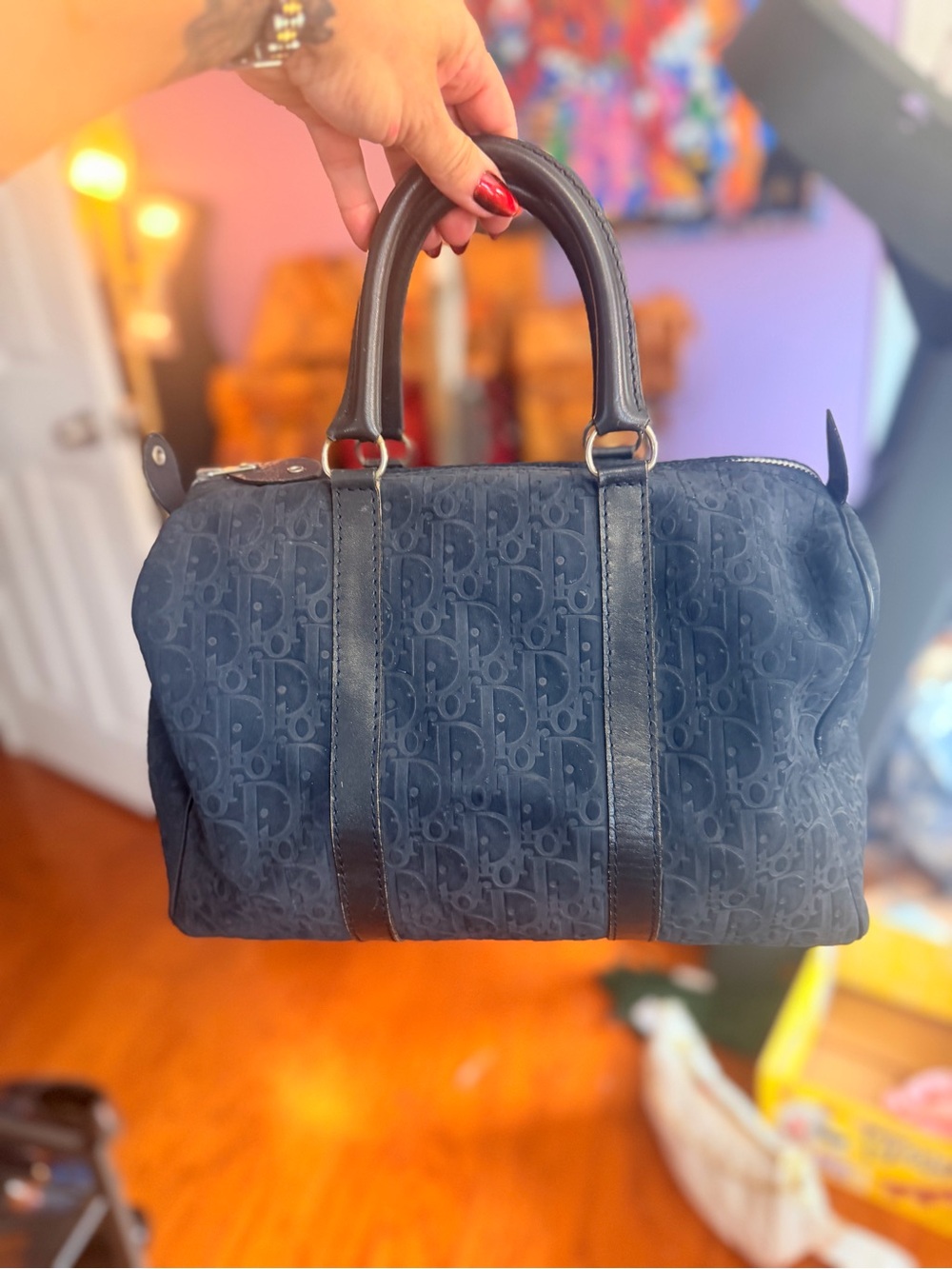 Christian Dior Navy Suede and leather Bellisma Boston Bag